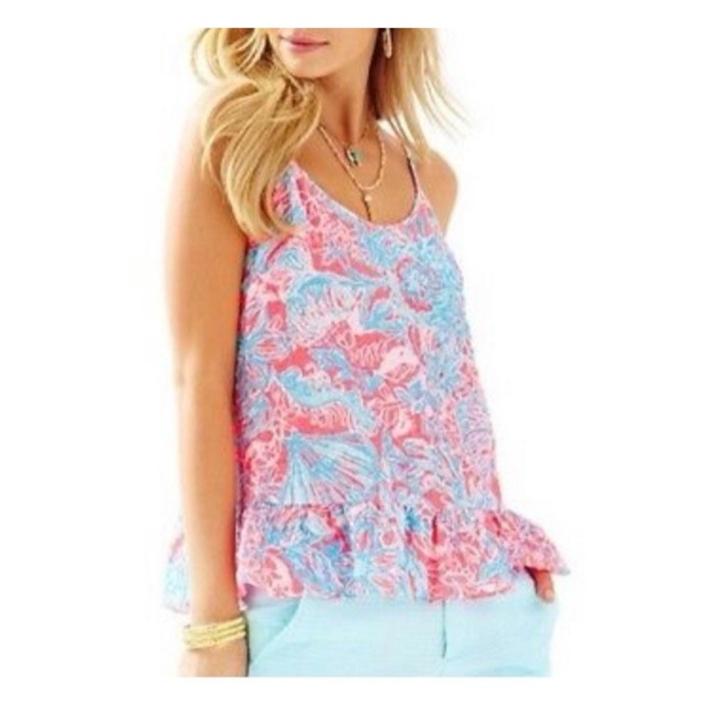 Lilly Pulitzer Pink Blue Floral Peplum Cami Top M Tropical Resort Adjustable